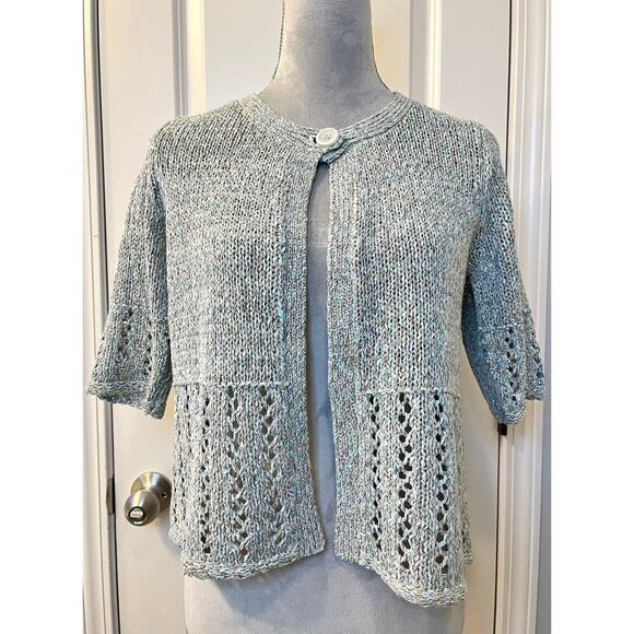 Dressbarn Womens One Button Cardigan Short Sleeve Open Knit Crewneck Gray Blue S - Picture 1 of 10
